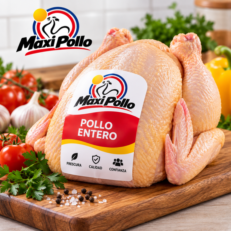 Imagen comercial de Pollo entero con identidad Maxi Pollo