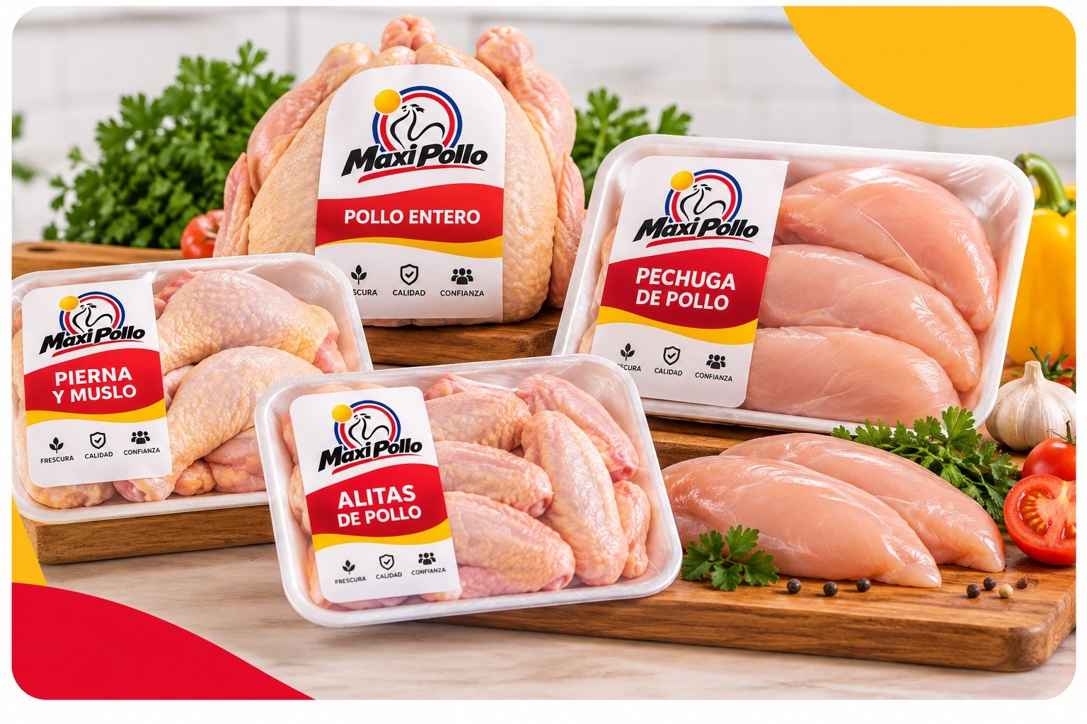 Imagen conceptual de pollo fresco en distintas presentaciones con identidad Maxi Pollo